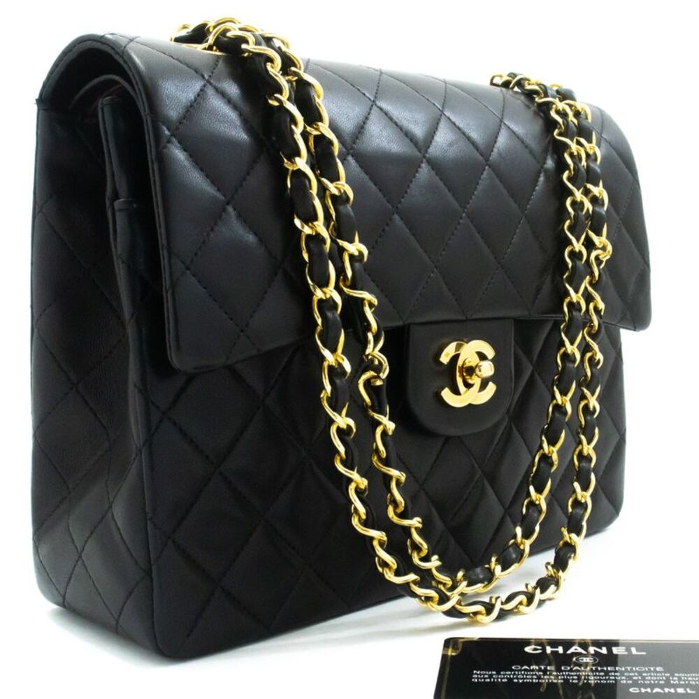 Chanel Vintage Square Classic Double Flap Quilted Leather Black Leather Handbag